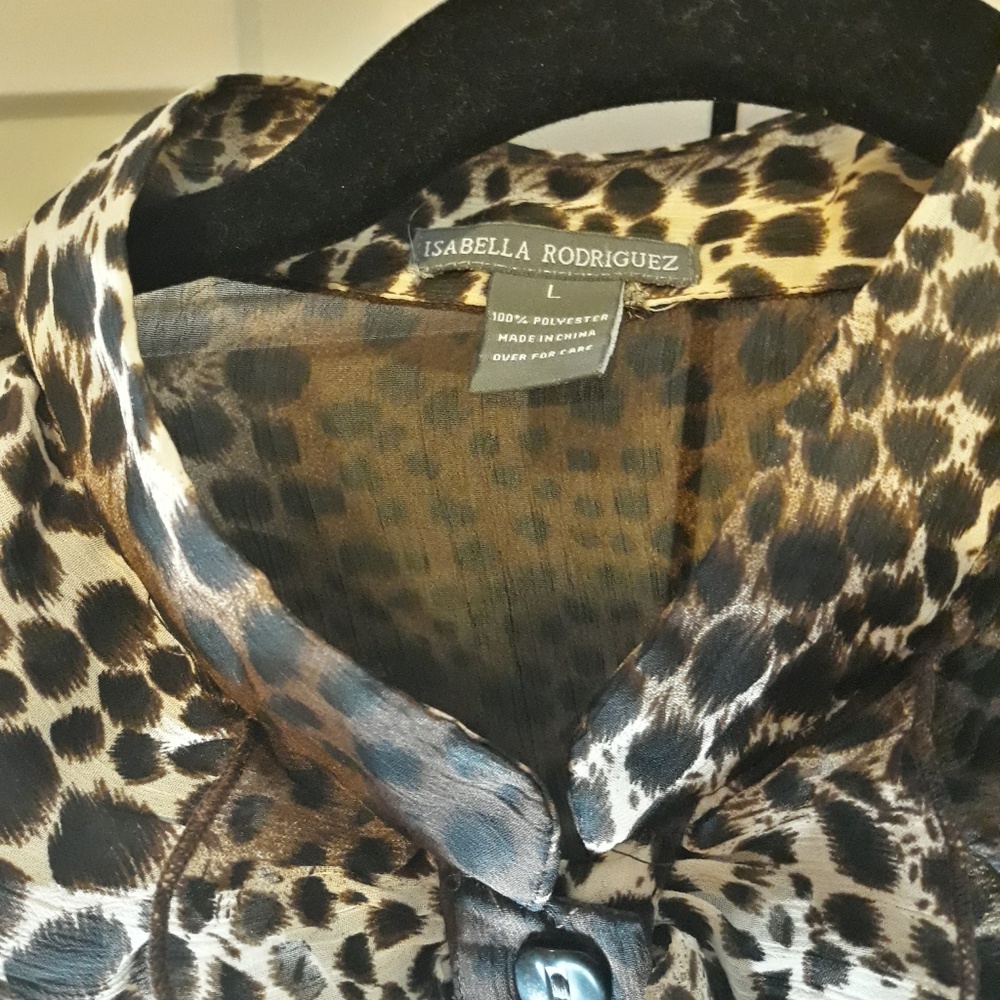 Sheer Animal Print Button Down Ruffle Blouse - Picture 2 of 6